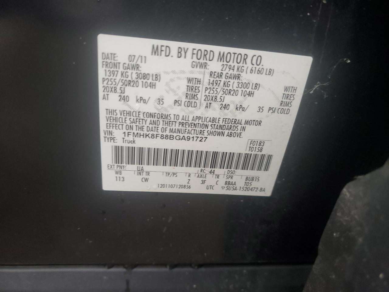 2011 Ford Explorer Limited VIN: 1FMHK8F88BGA91727 Lot: 82213435