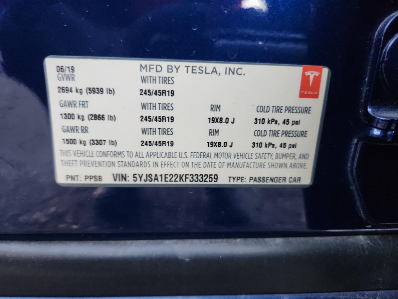 2019 Tesla Model S VIN: 5YJSA1E22KF333259 Lot: 90384535