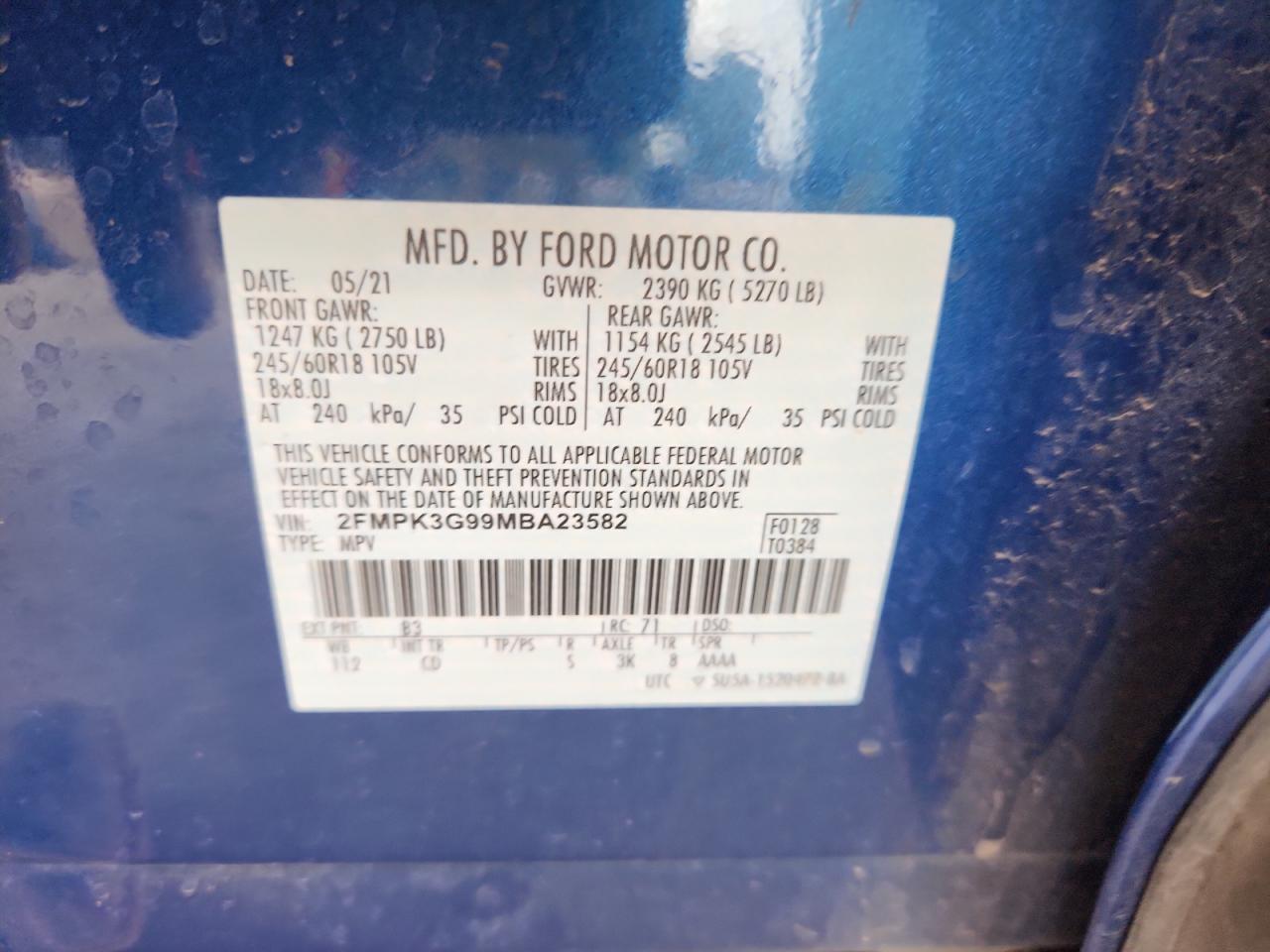 2021 Ford Edge VIN: 2FMPK3G99MBA23582 Lot: 82395495