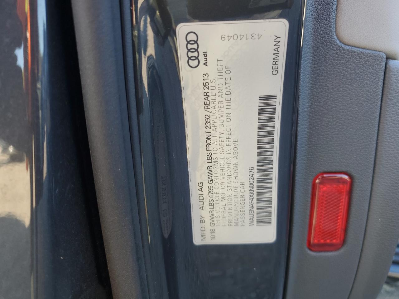 2019 Audi A4 Premium Plus VIN: WAUENAF4XKN002476 Lot: 86175295