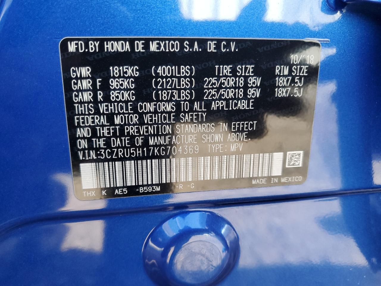 2019 Honda Hr-V Sport VIN: 1FTFX1EF9DFA70415 Lot: 82005575