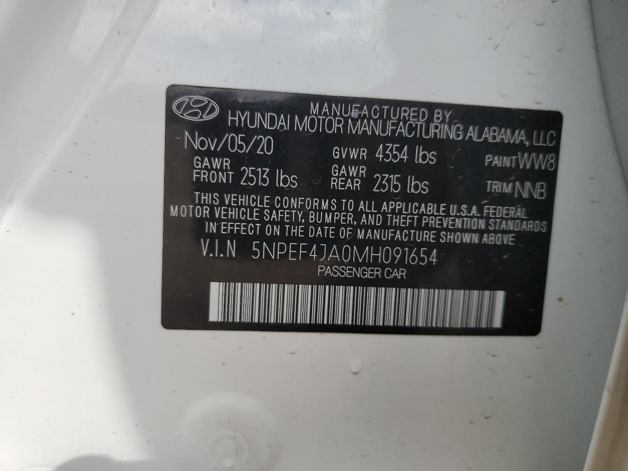 2021 Hyundai Sonata Sel VIN: 5NPEF4JA0MH091654 Lot: 84959505