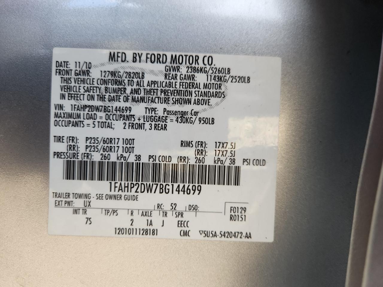 2011 Ford Taurus Se VIN: 1FAHP2DW7BG144699 Lot: 85302495