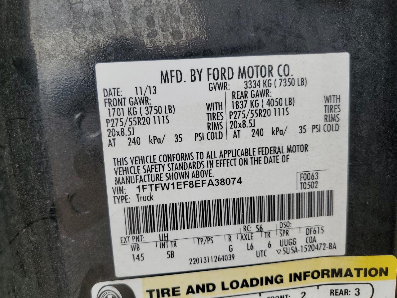 2014 Ford F150 Supercrew VIN: 1FTFW1EF8EFA38074 Lot: 89890415