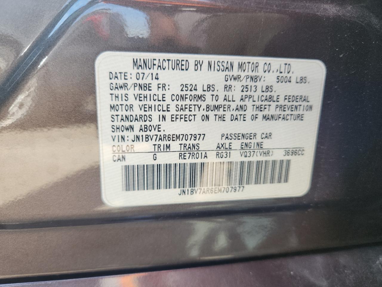 2014 Infiniti Q50 Base VIN: JN1BV7AR6EM707977 Lot: 84744275