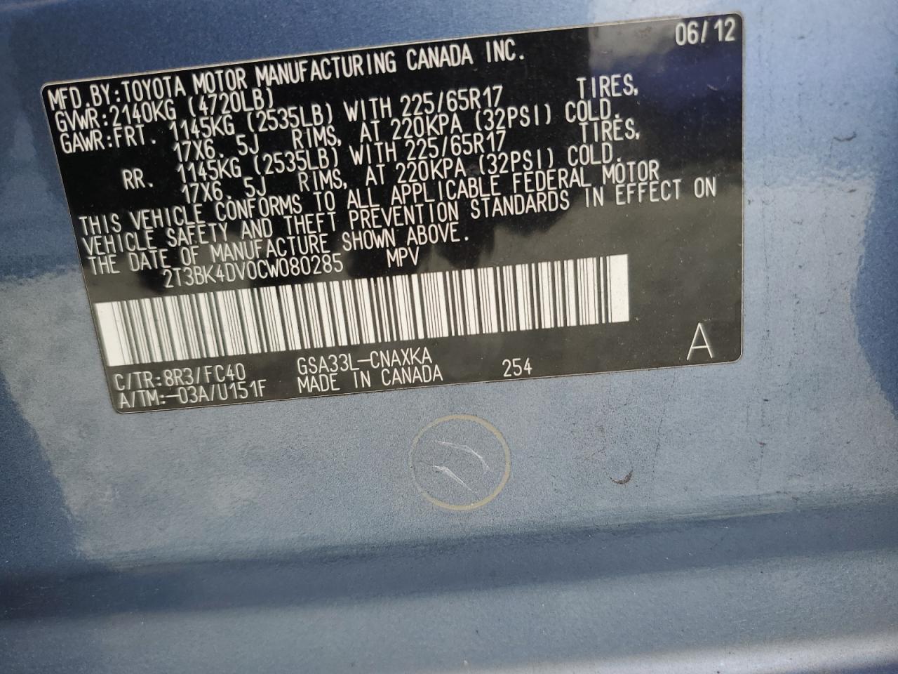 2012 Toyota Rav4 VIN: 2T3BK4DV0CW080285 Lot: 85101955