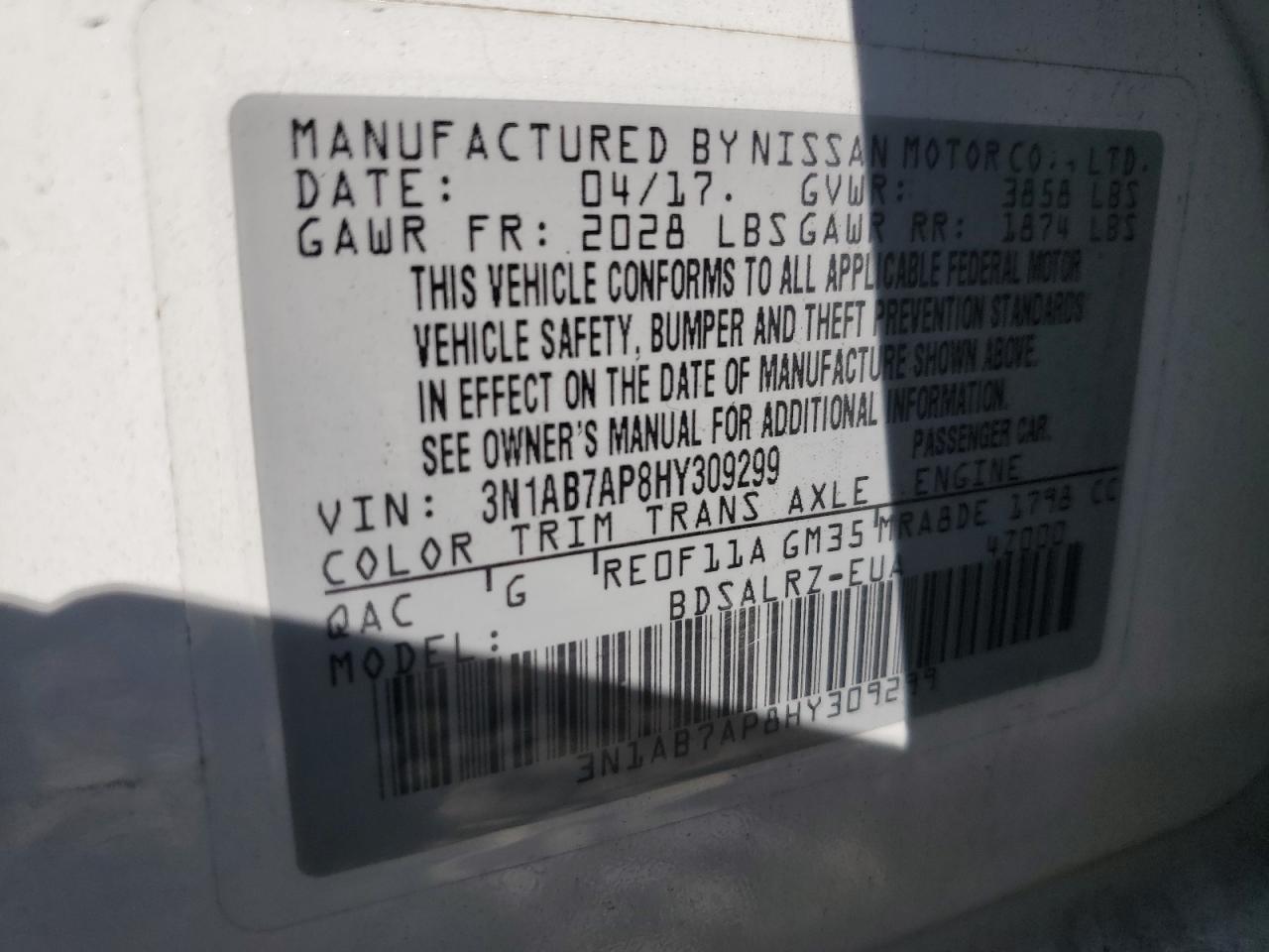 2017 Nissan Sentra S VIN: 3N1AB7AP8HY309299 Lot: 84801985