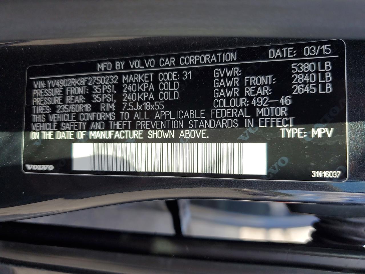 2015 Volvo Xc60 T6 Premier VIN: YV4902RK8F2750232 Lot: 85317505