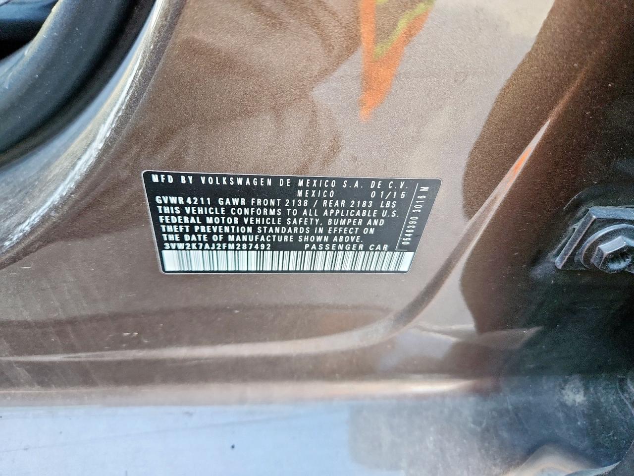 2015 Volkswagen Jetta Base VIN: 3VW2K7AJ2FM287492 Lot: 84654785