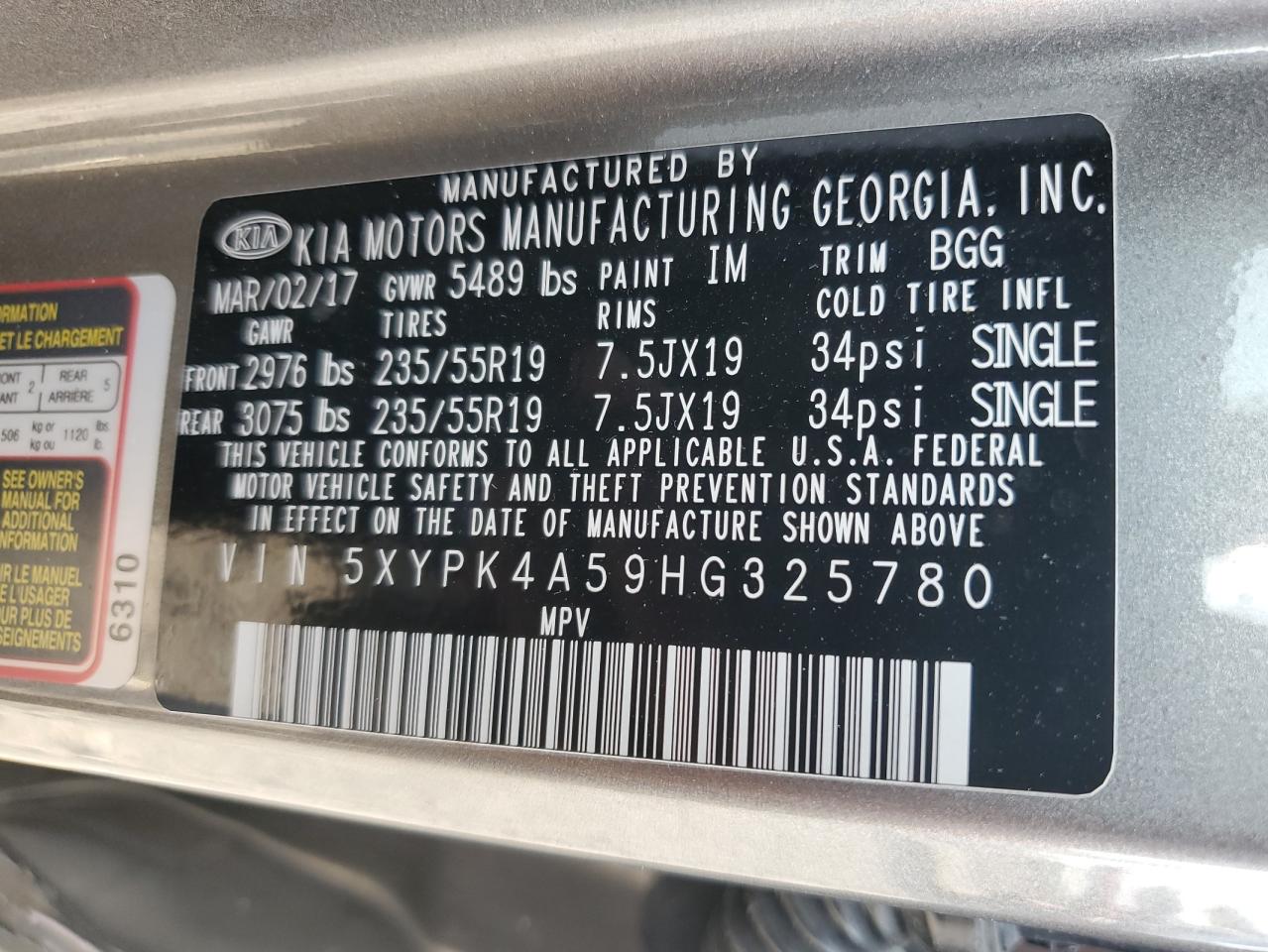2017 Kia Sorento Sx VIN: 5XYPK4A59HG325780 Lot: 81972625