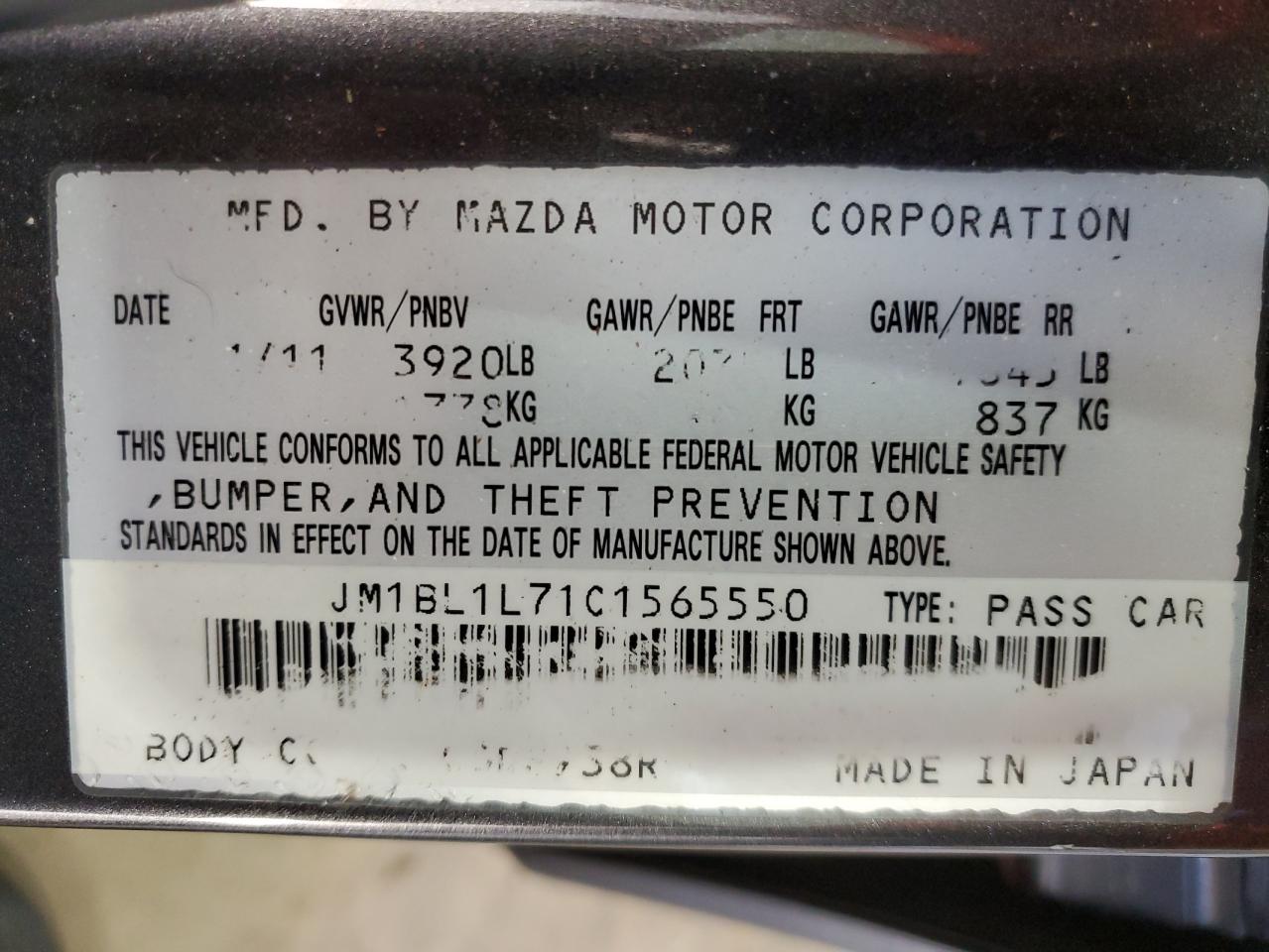2012 Mazda 3 I VIN: JM1BL1L71C1565550 Lot: 90647955