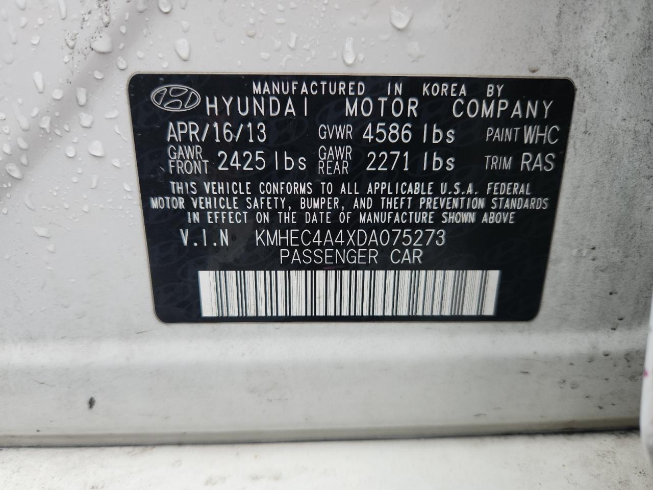 2013 Hyundai Sonata Hybrid VIN: KMHEC4A4XDA075273 Lot: 86102735