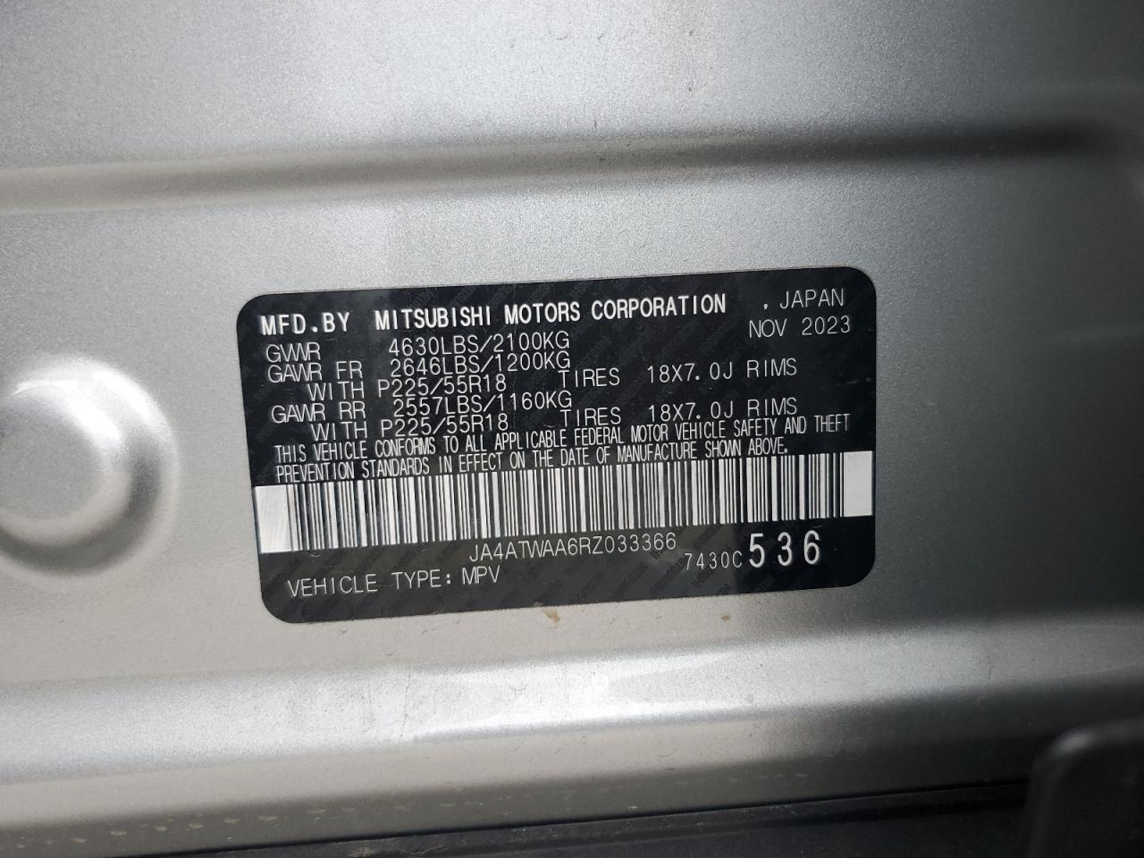 2024 Mitsubishi Eclipse Cross Se VIN: JA4ATWAA6RZ033366 Lot: 82274975