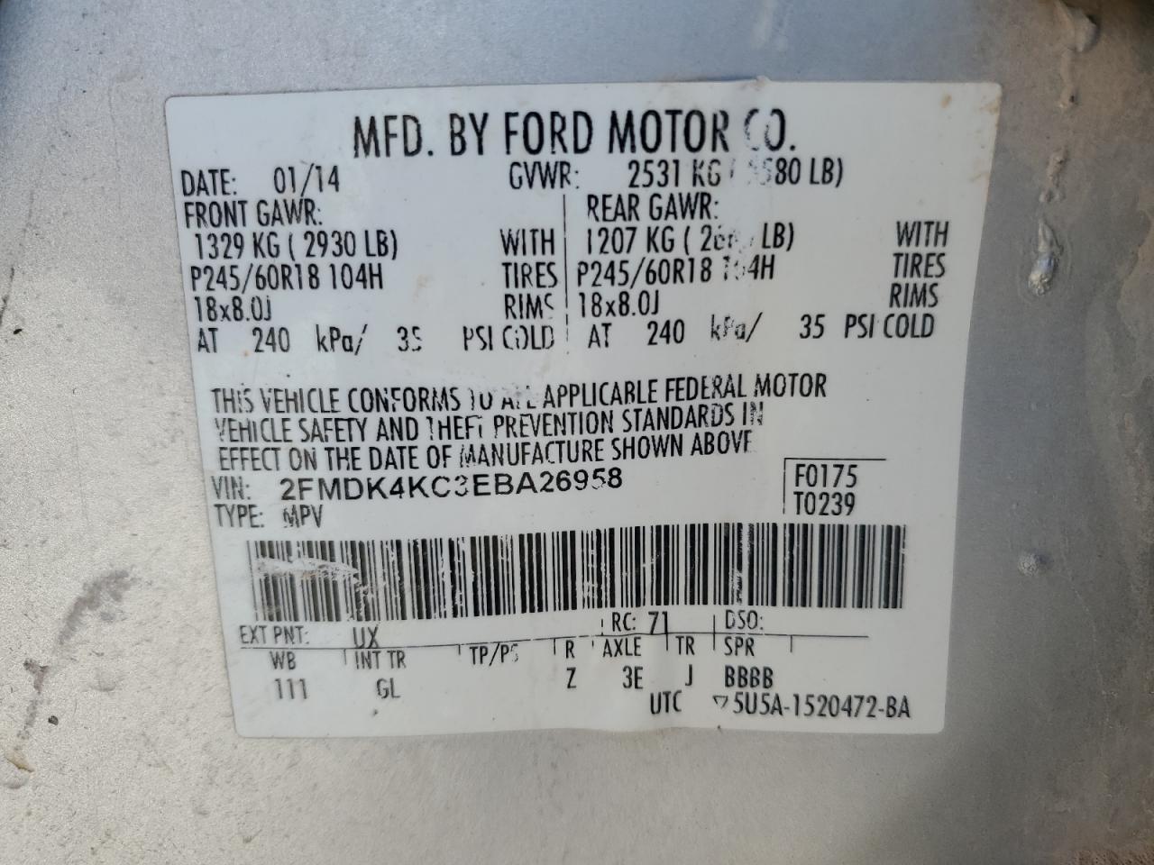 2014 Ford Edge Limited VIN: 2FMDK4KC3EBA26958 Lot: 90657545