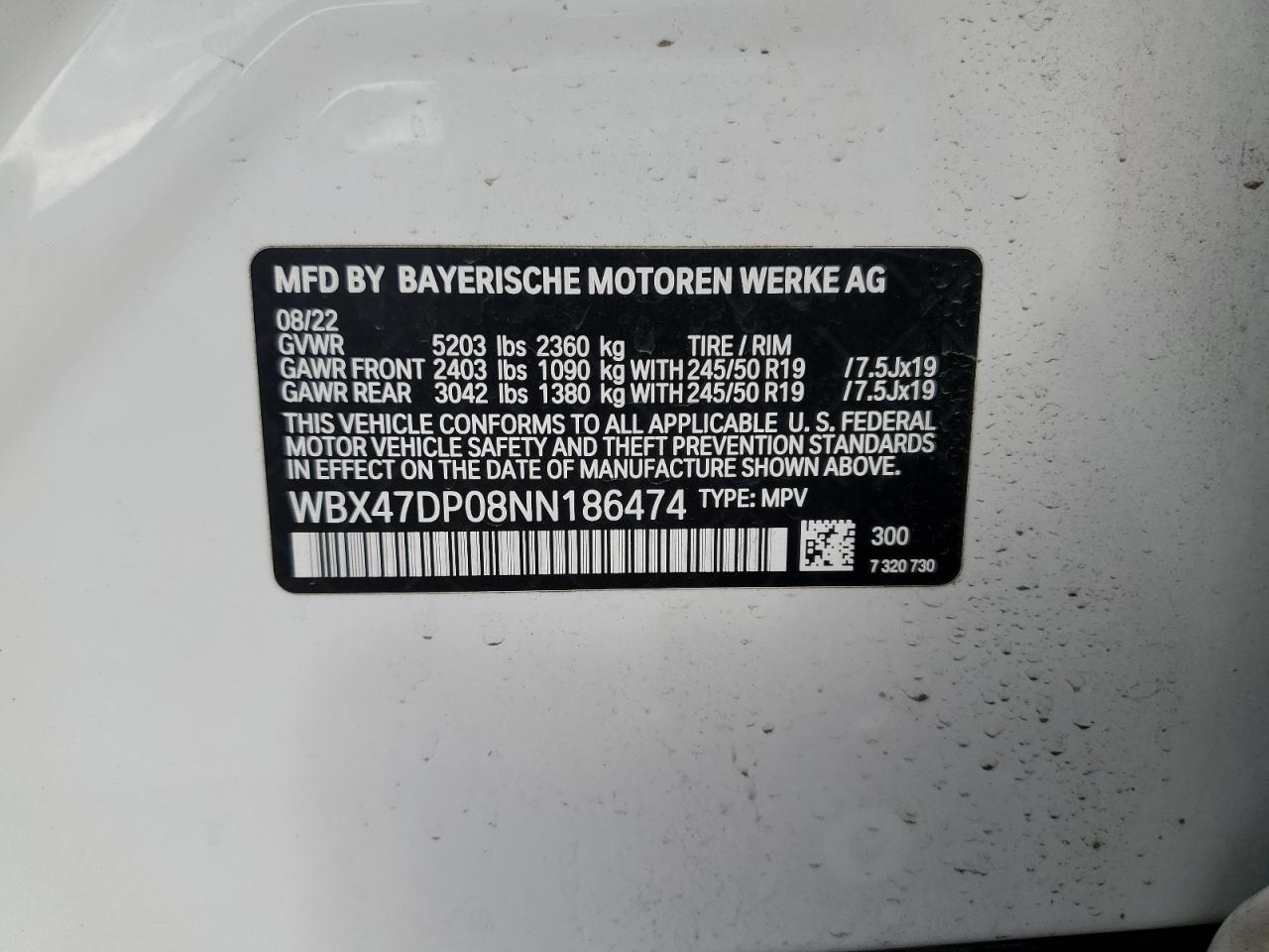 2022 BMW X3 Sdrive30I VIN: WBX47DP08NN186474 Lot: 87249585