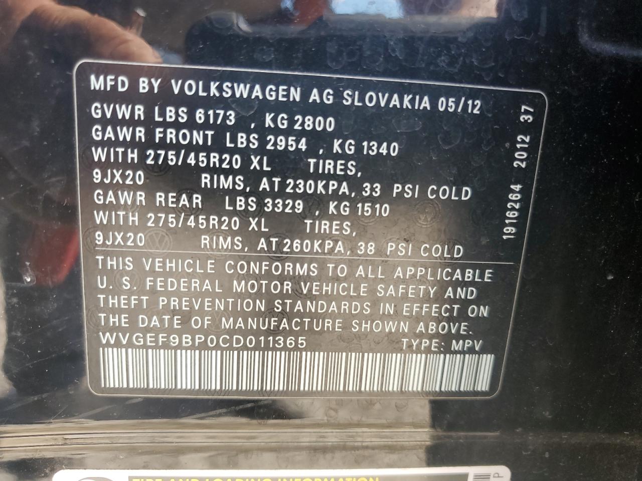2012 Volkswagen Touareg V6 VIN: WVGEF9BP0CD011365 Lot: 85705665