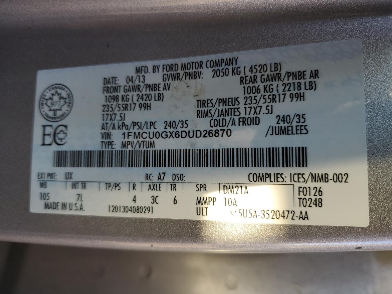 2013 Ford Escape Se VIN: 1FMCU0GX6DUD26870 Lot: 85738505