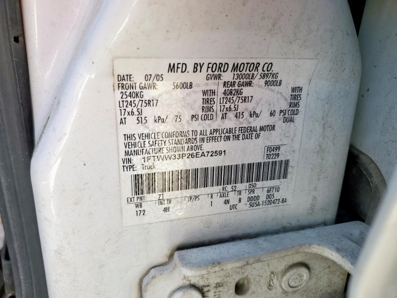 2006 Ford F350 Super Duty VIN: 1FTWW33P26EA72591 Lot: 85325245