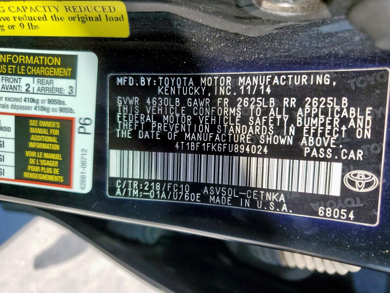 2015 Toyota Camry Le VIN: 4T1BF1FK6FU894024 Lot: 86249245