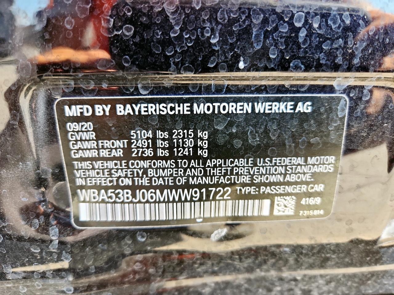 2021 BMW 540 I VIN: WBA53BJ06MWW91722 Lot: 82221095