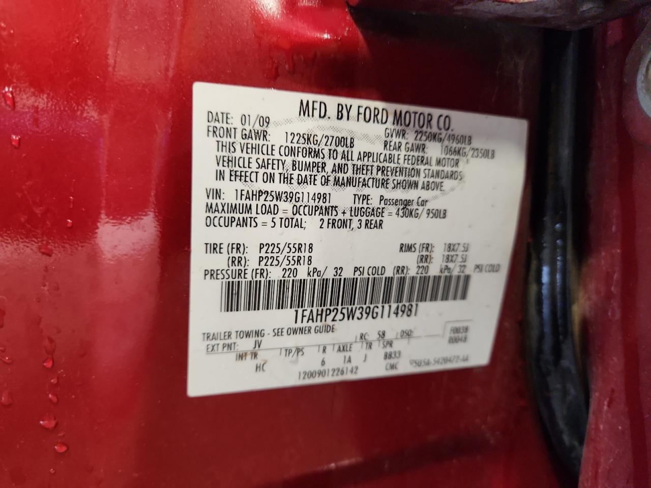 2009 Ford Taurus Limited VIN: 1FAHP25W39G114981 Lot: 85281315