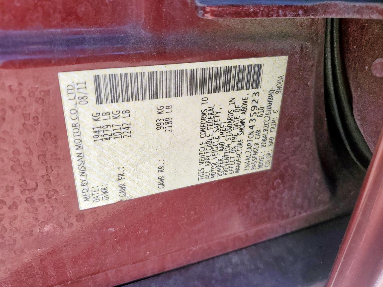 2012 Nissan Altima Base VIN: 1N4AL2AP7CN435923 Lot: 85712385