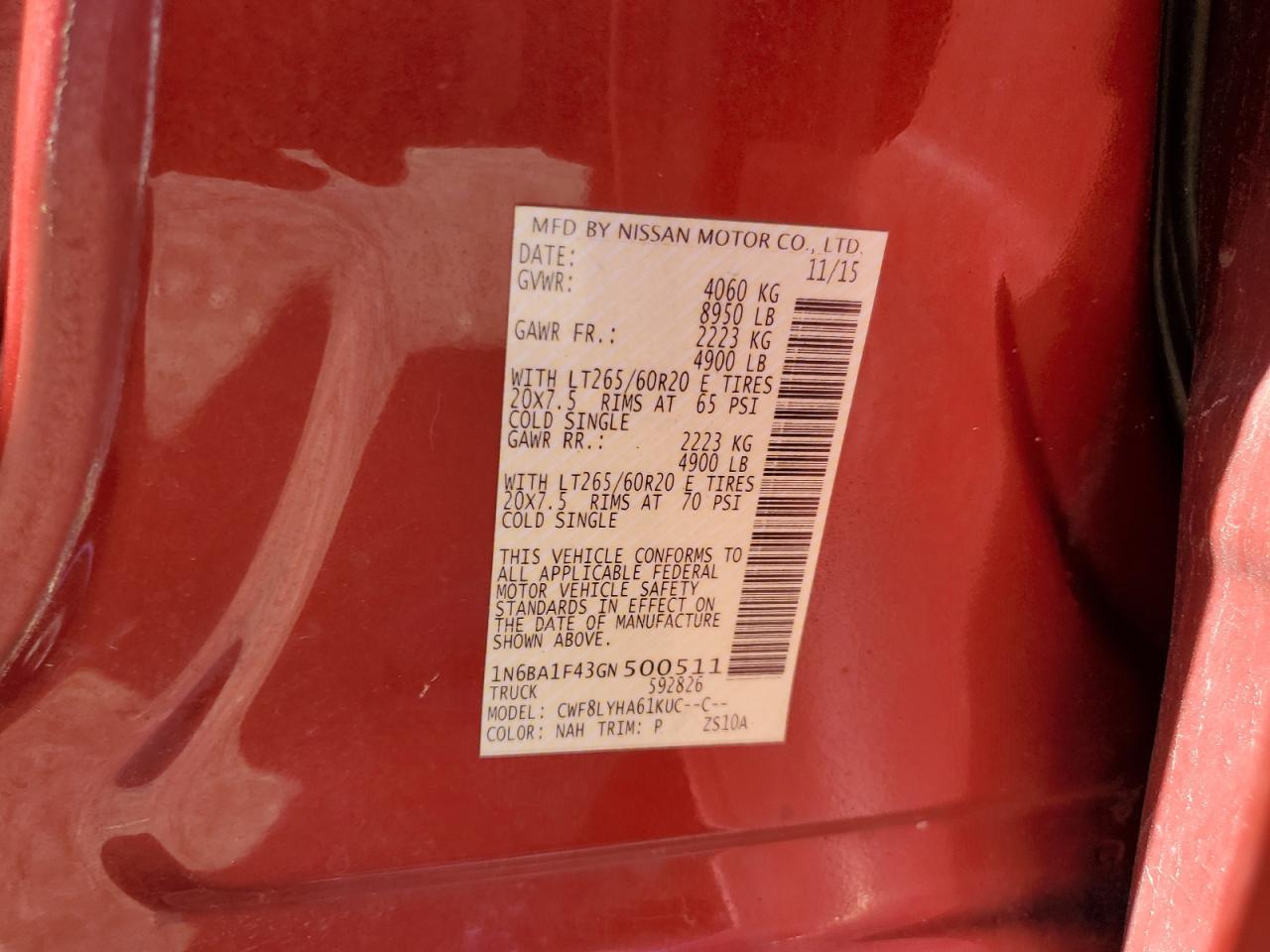 2016 Nissan Titan Xd Sl VIN: 1N6BA1F43GN500511 Lot: 84063355