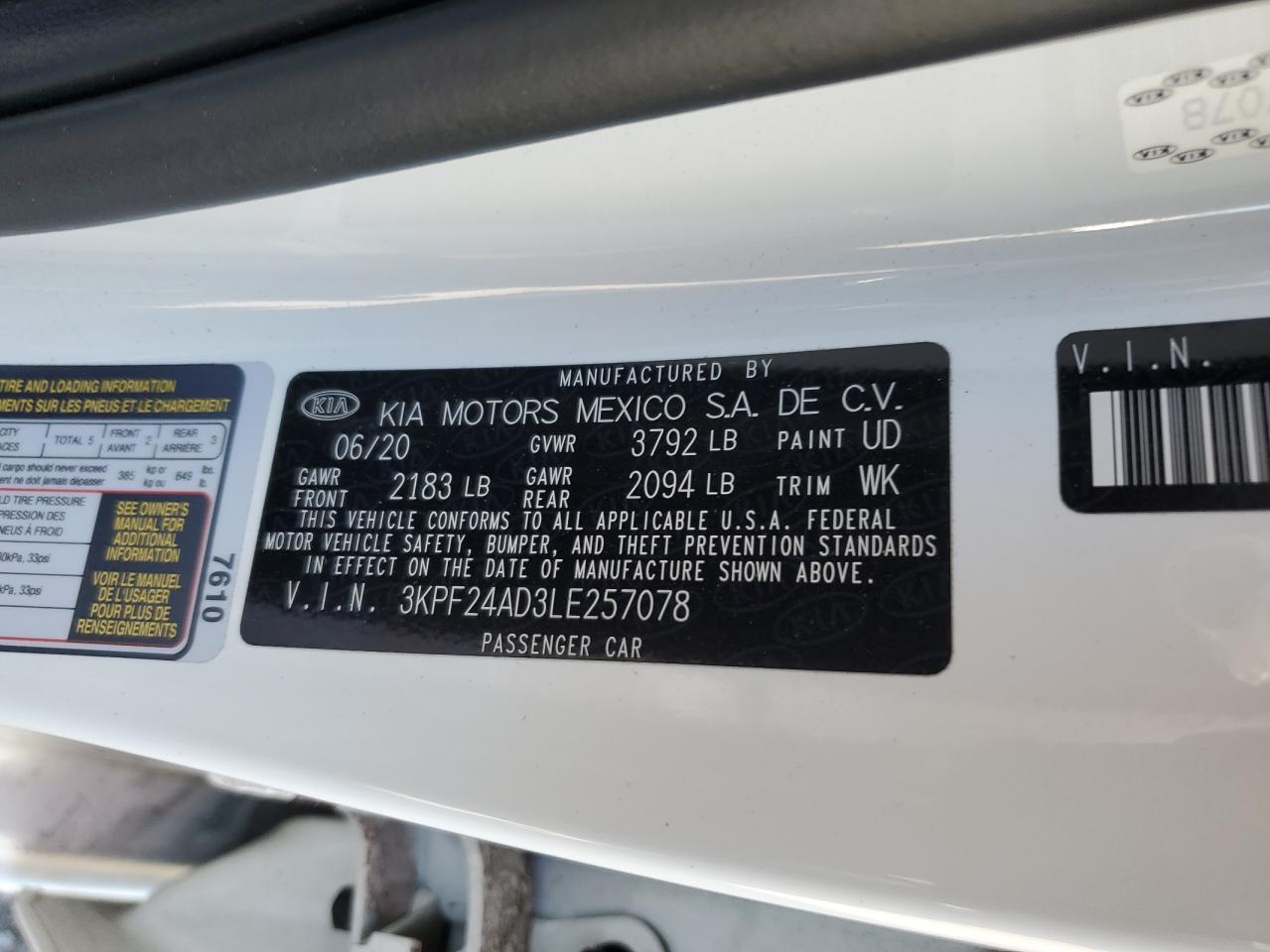 2020 Kia Forte Fe VIN: 3KPF24AD3LE257078 Lot: 86605515