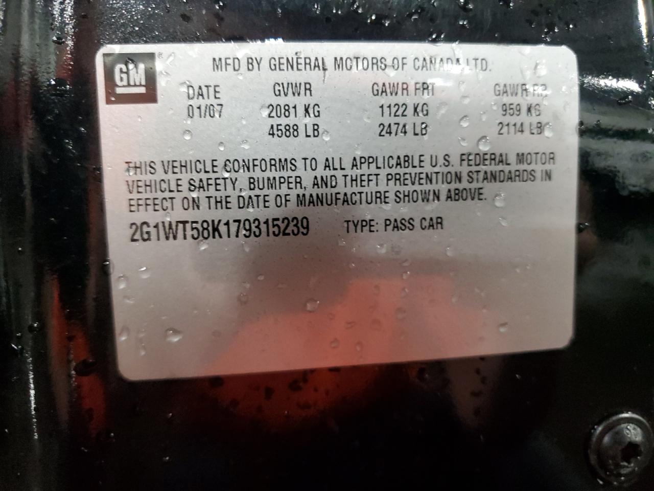 2007 Chevrolet Impala Lt VIN: 2G1WT58K179315239 Lot: 84062395