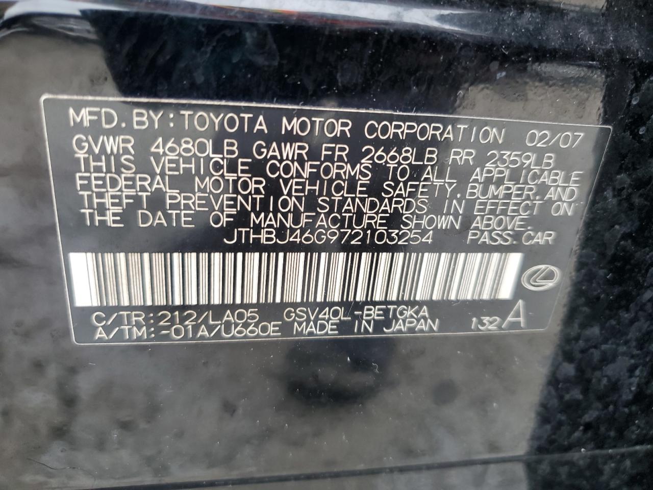 2007 Lexus Es 350 VIN: JTHBJ46G972103254 Lot: 85495625