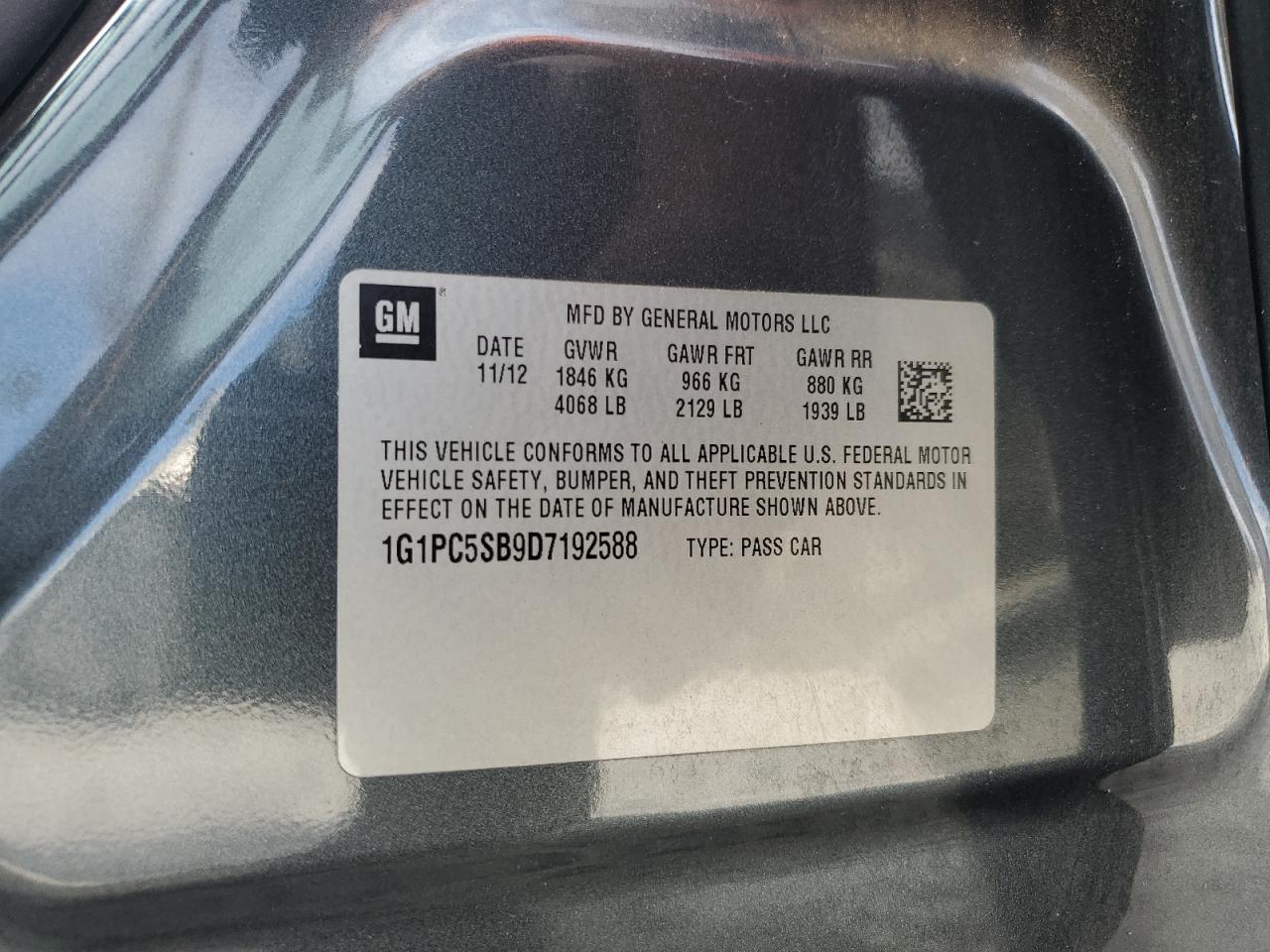 2013 Chevrolet Cruze Lt VIN: 1G1PC5SB9D7192588 Lot: 84943965