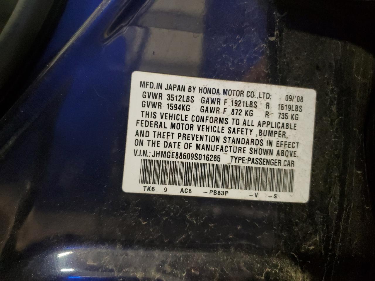 2009 Honda Fit Sport VIN: JHMGE88609S016285 Lot: 89931065