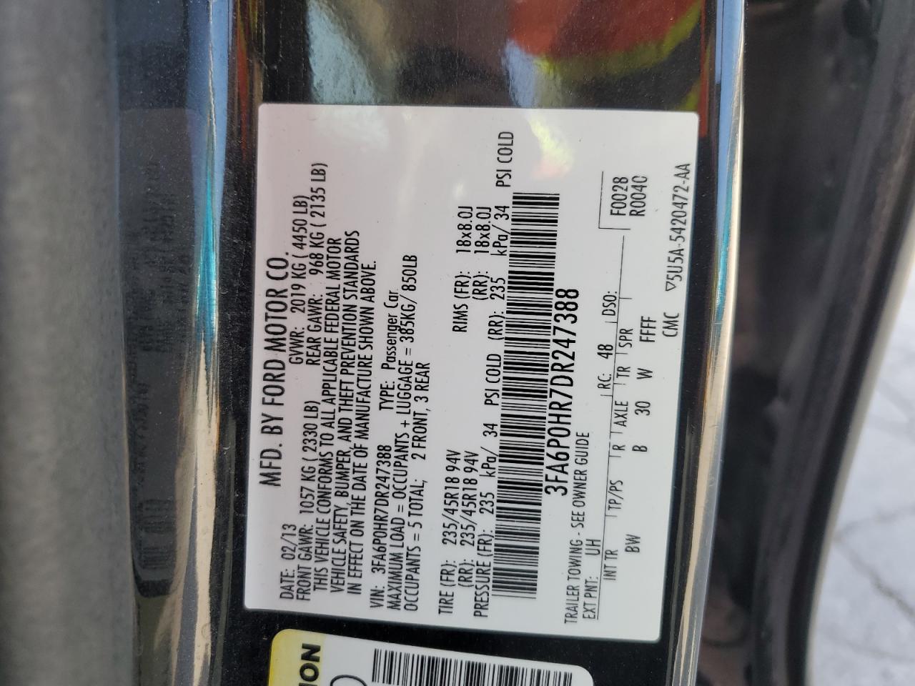 2013 Ford Fusion Se VIN: 3FA6P0HR7DR247388 Lot: 84971305