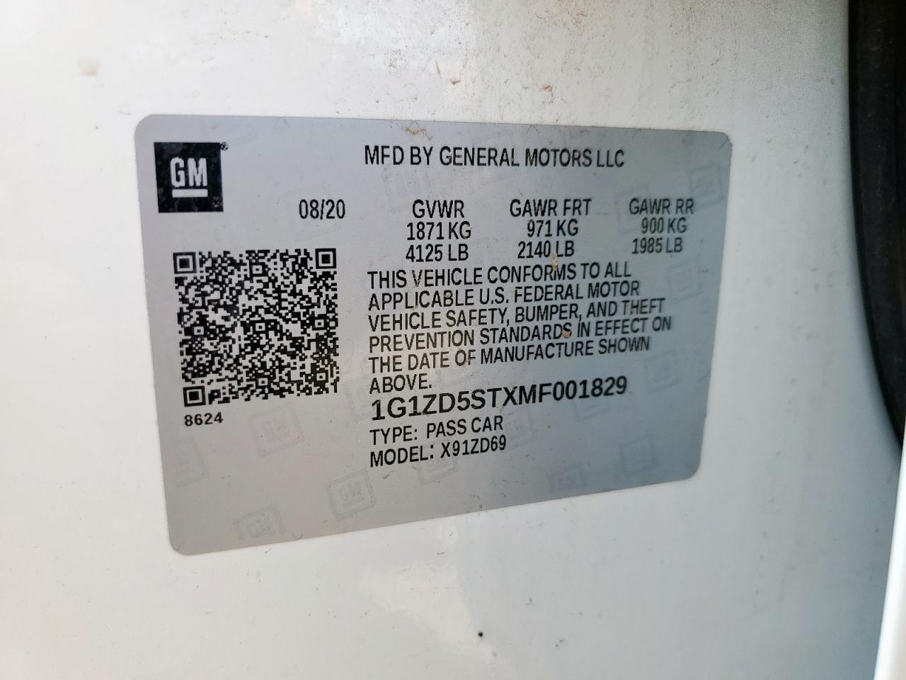 2021 Chevrolet Malibu Lt VIN: 1G1ZD5STXMF001829 Lot: 83949685