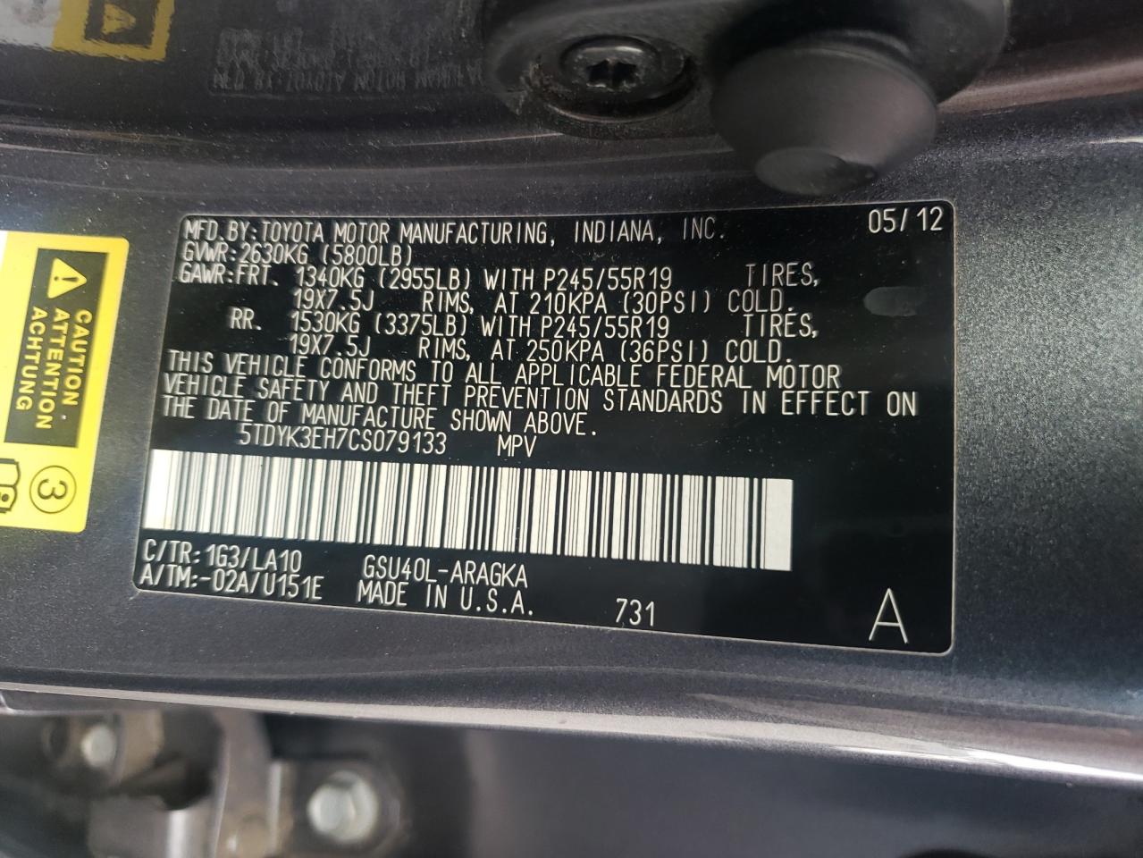 2012 Toyota Highlander Limited VIN: 5TDYK3EH7CS079133 Lot: 82364695