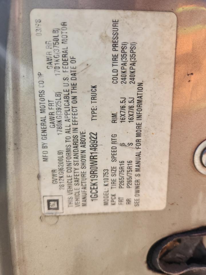 1998 Chevrolet Gmt-400 K1500 VIN: 1GCEK19R0WR148922 Lot: 85682365