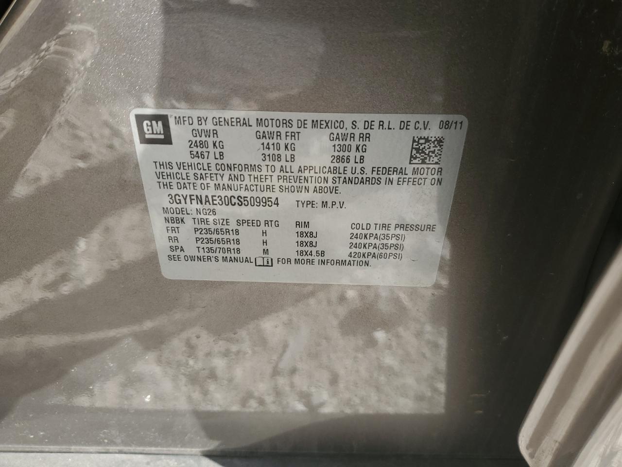 2012 Cadillac Srx Luxury Collection VIN: 3GYFNAE30CS509954 Lot: 90862105