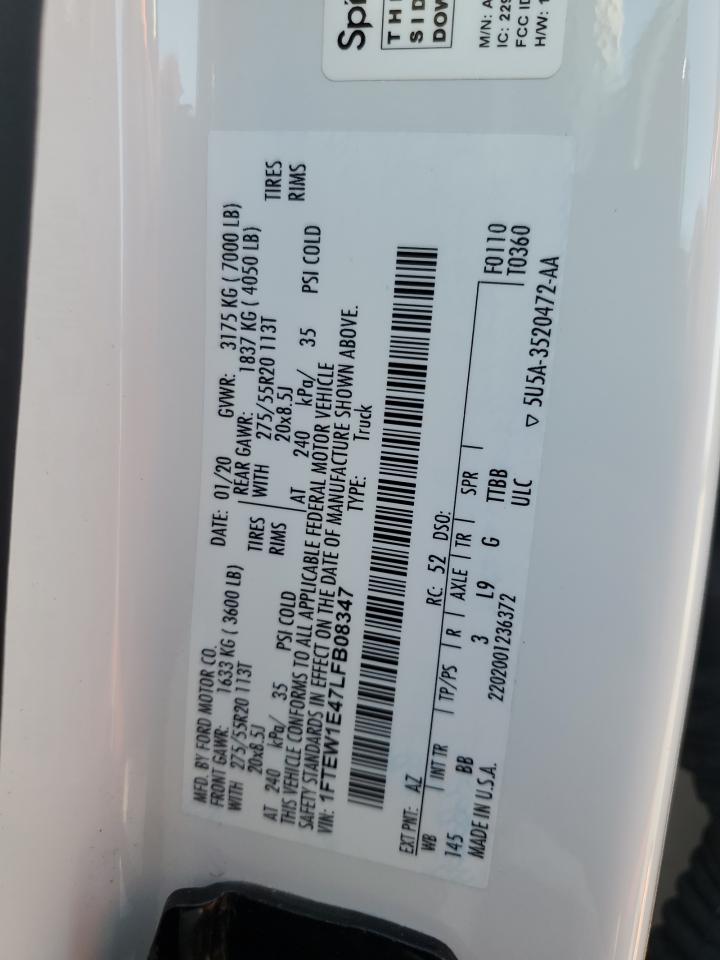 2020 Ford F150 Supercrew VIN: 1FTEW1E47LFB08347 Lot: 87376405