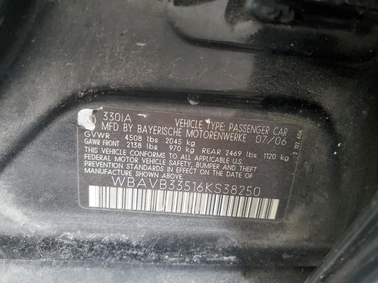 2006 BMW 330 I VIN: WBAVB33516KS38250 Lot: 84475395