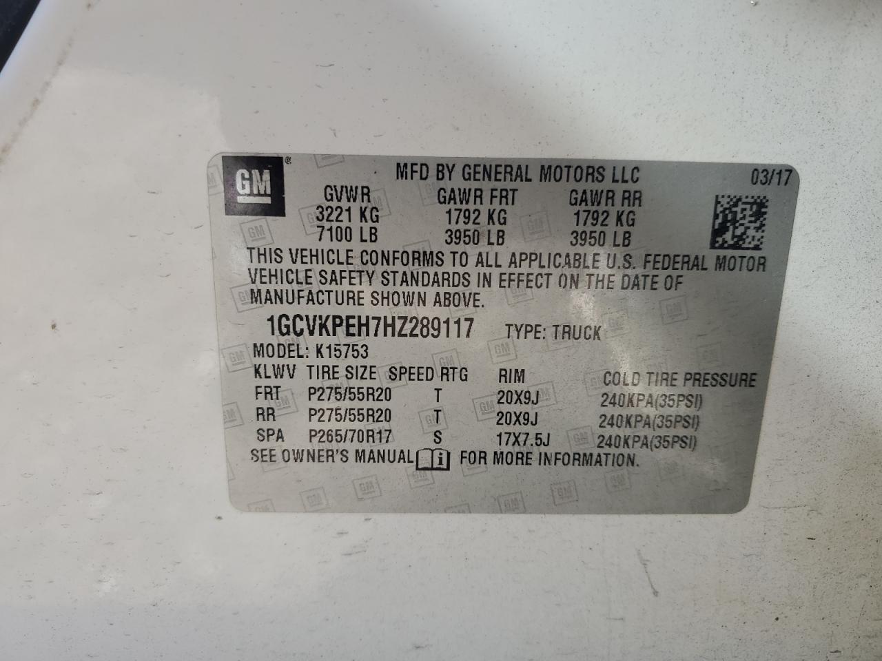 2017 Chevrolet Silverado K1500 Custom VIN: 1GCVKPEH7HZ289117 Lot: 85180515