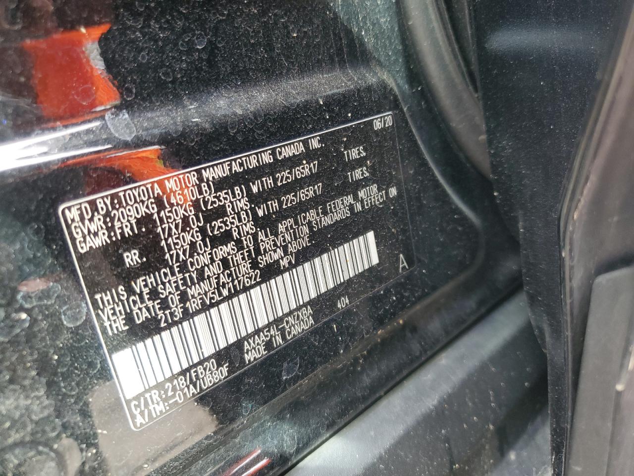 2020 Toyota Rav4 Le VIN: 2T3F1RFV5LW117622 Lot: 85565795