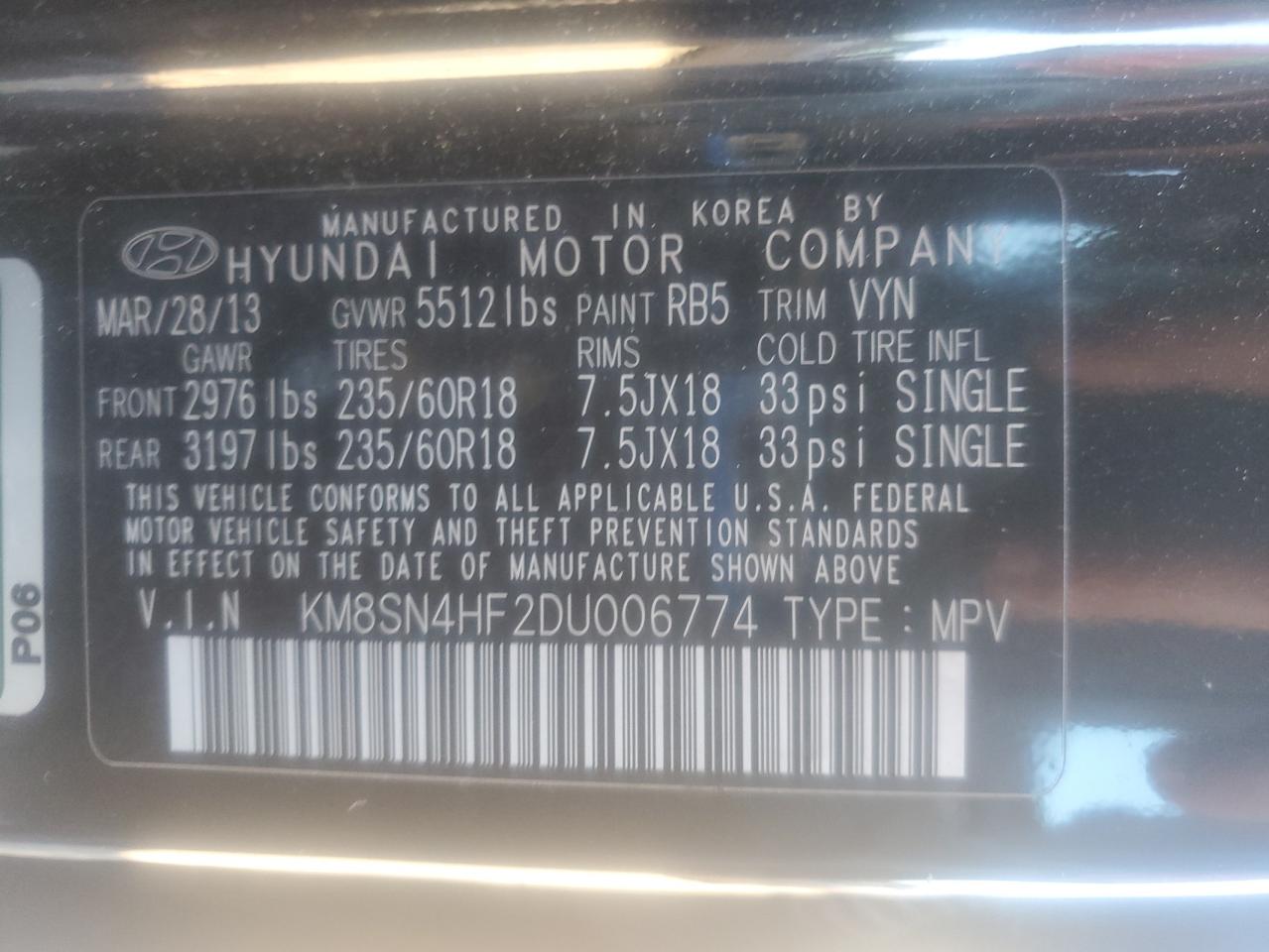 2013 Hyundai Santa Fe Gls VIN: KM8SN4HF2DU006774 Lot: 86281415