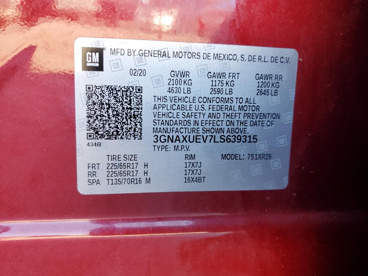 2020 Chevrolet Equinox Lt VIN: 3GNAXUEV7LS639315 Lot: 84970805