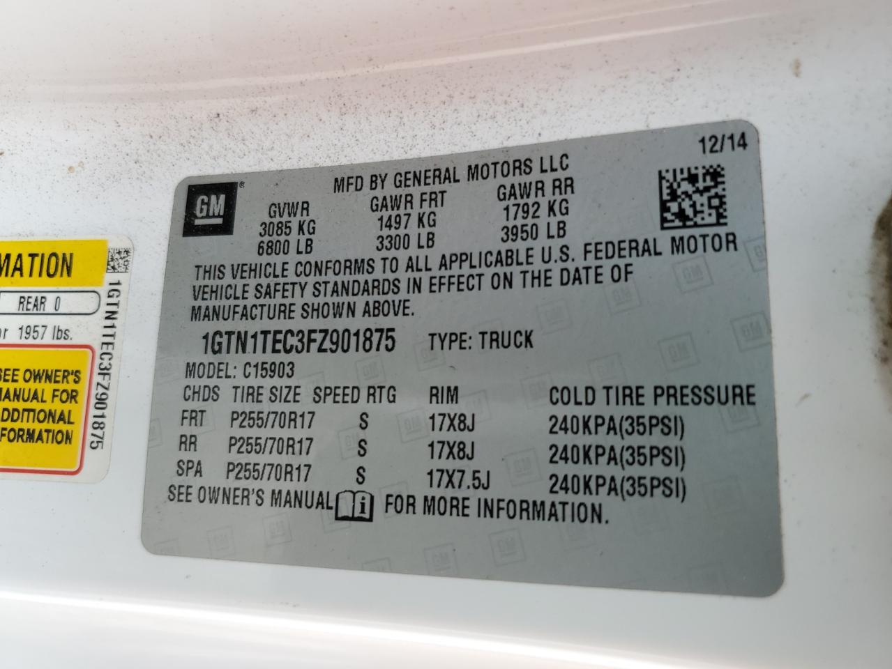 2015 GMC Sierra C1500 VIN: 1GTN1TEC3FZ901875 Lot: 85947965