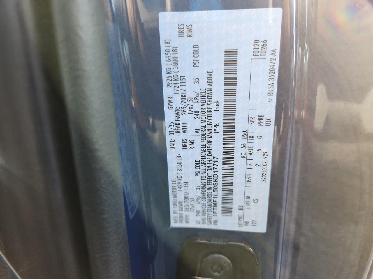 2025 Ford F150 Xl VIN: 1FTMF1L50SKD17717 Lot: 90331485