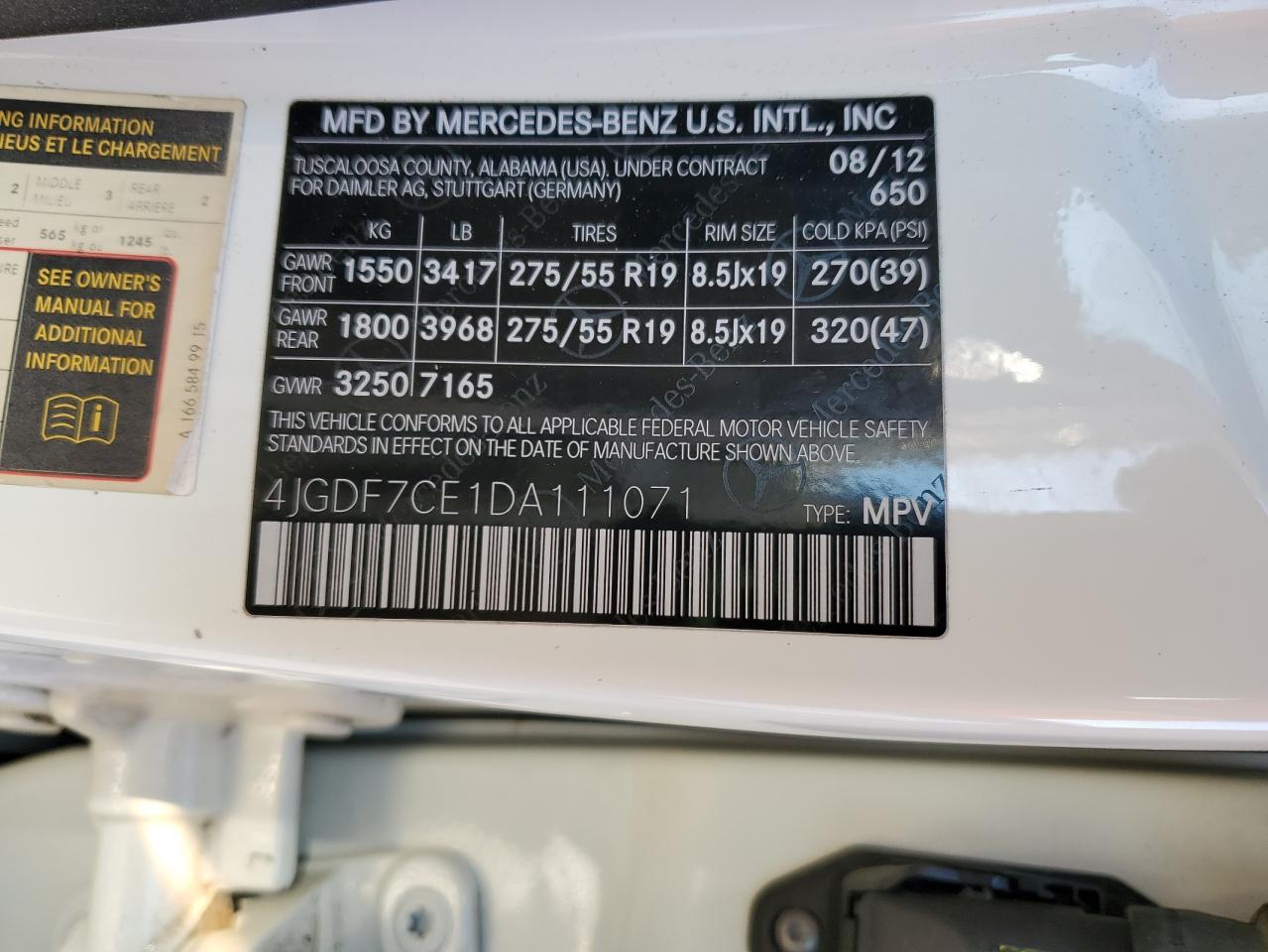 2013 Mercedes-Benz Gl 450 4Matic VIN: 4JGDF7CE1DA111071 Lot: 86274875