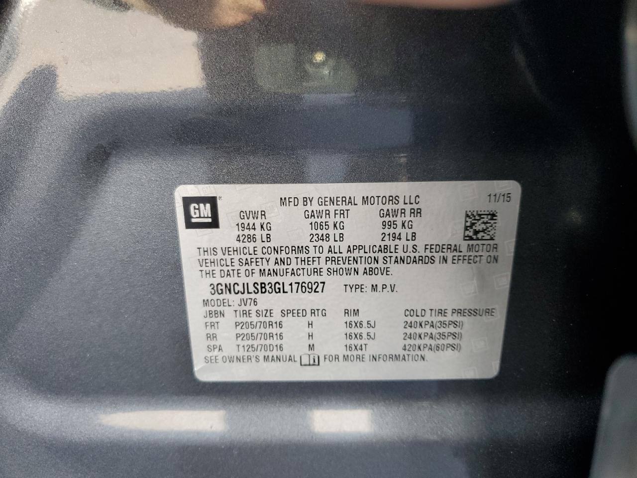 2016 Chevrolet Trax 1Lt VIN: 3GNCJLSB3GL176927 Lot: 85002505