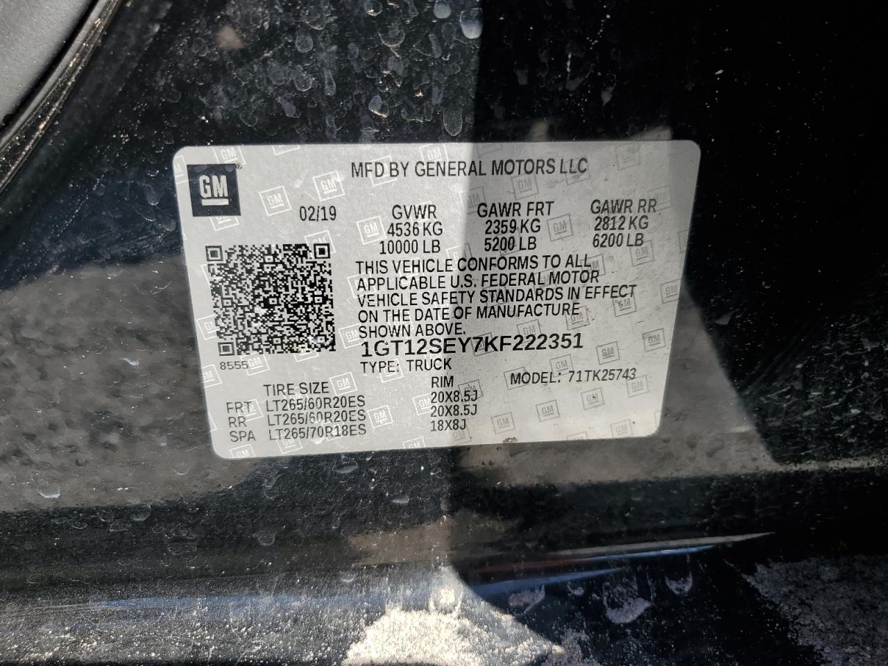 2019 GMC Sierra K2500 Denali VIN: 1GT12SEY7KF222351 Lot: 82711355