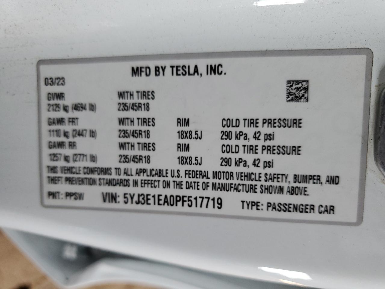 2023 Tesla Model 3 VIN: 5YJ3E1EA0PF517719 Lot: 84649925