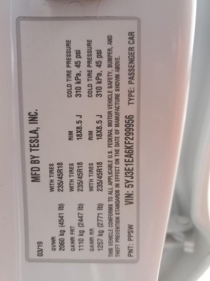 2019 Tesla Model 3 VIN: 5YJ3E1EA6KF299956 Lot: 84773375